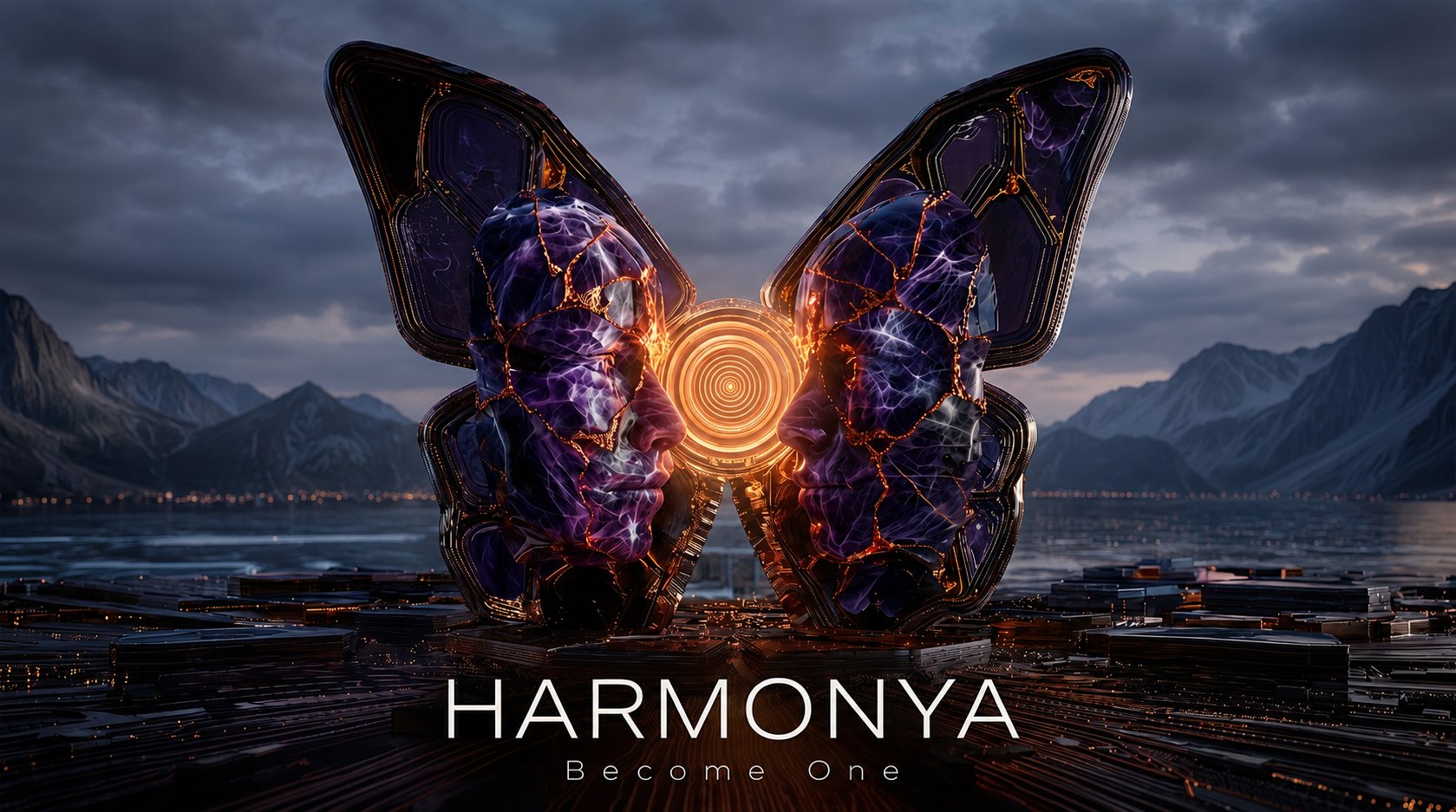 HARMONYA — a purple and gold butterfly formed by two facing profiles around a glowing core